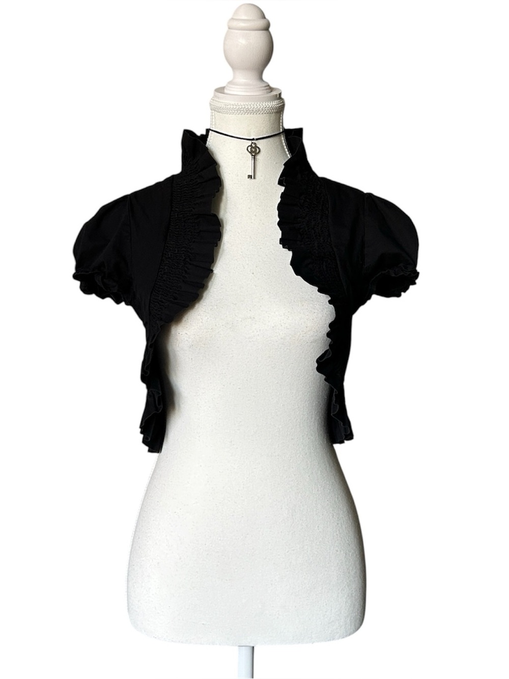 Y2K Coquette “Derek Heart” Basic Black Ruffle Trim Cropped Bolero